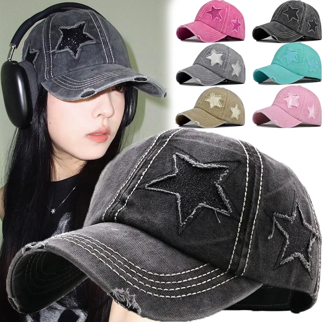 Y2K Star Snapback Hats Women Men Vintage Embroidery Pentagram Washed Cotton Baseball  Caps Soft Top Denim Ponytail Hats - AliExpress