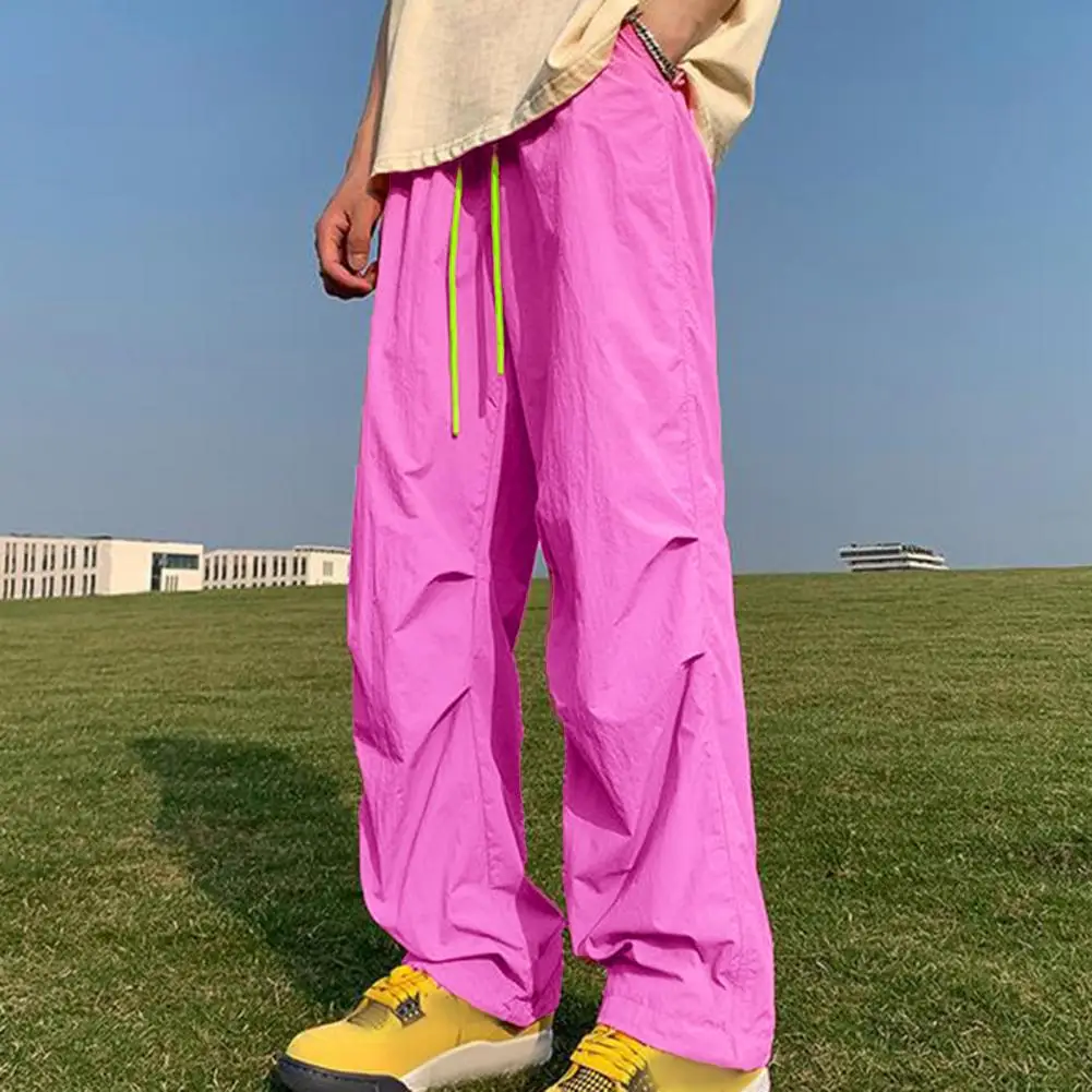Men Drawstring Pants Stylish Men's Candy Color Wide Leg Trousers with Elastic Waist Drawstring Quick Drying Casual Pants for A