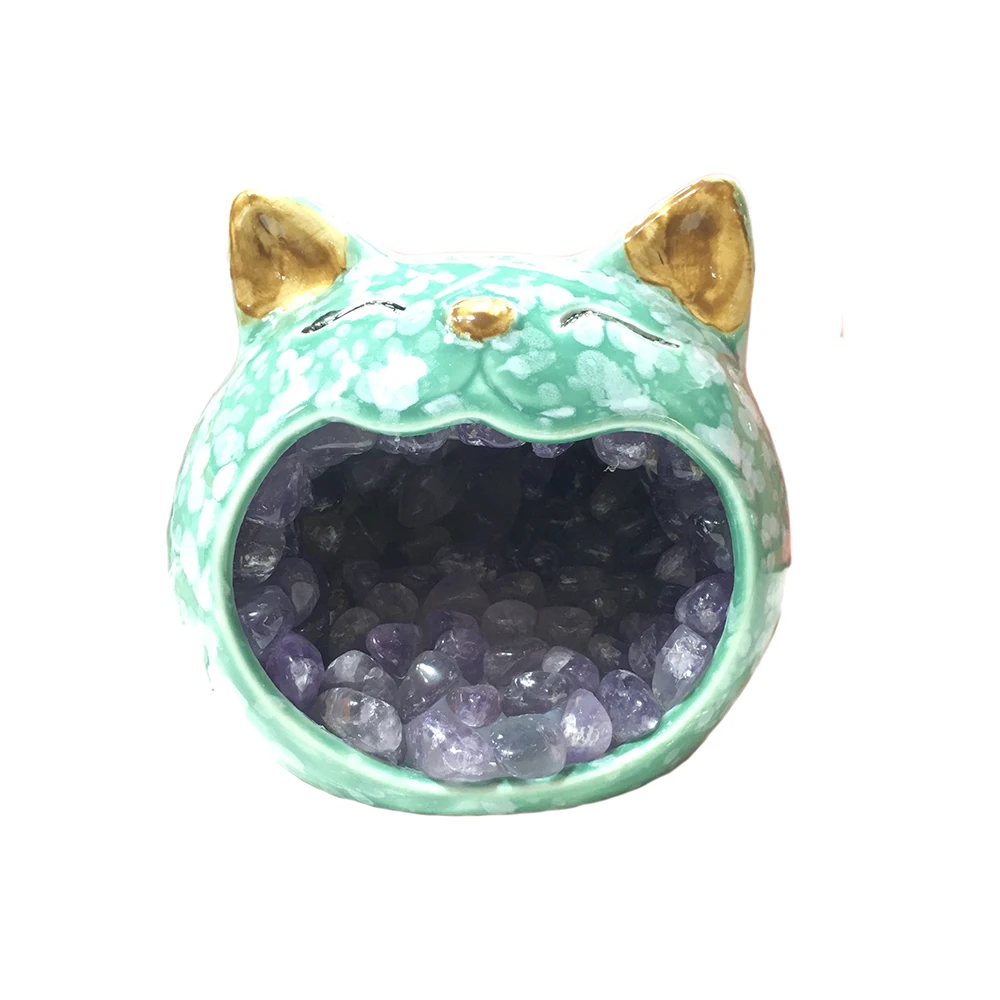 

1pc Natural Crystal Gemstone Ceramic Squinting Cat Head Night Light Bedroom Ornament Gift Bedside Night Aid Sleeping Aid Lamp