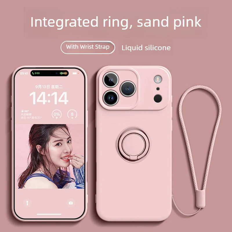 Liquid Silicone Phone Case with Ring Holder, Wrist Strap, and Shockproof Protection