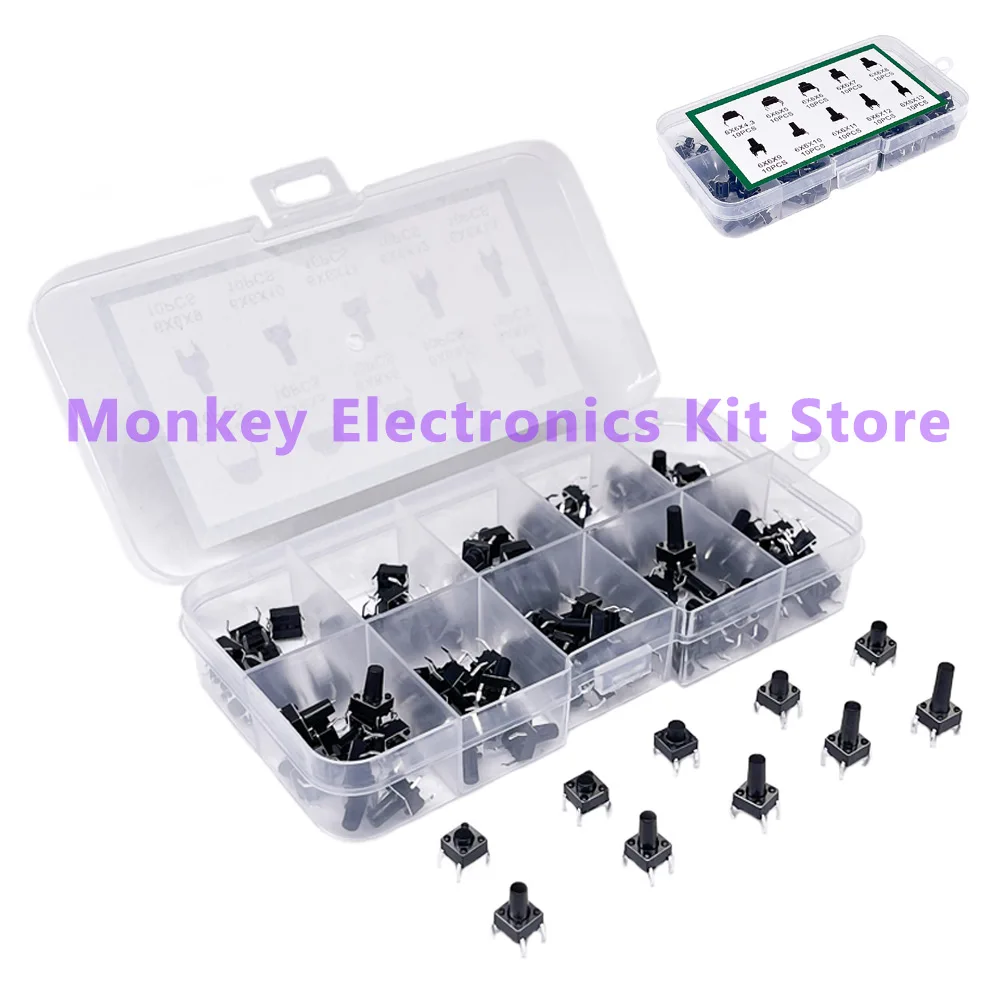 Push Button Switch 100 180 and 200 PCS 10 kinds of push-button switches directly inserted touch switch hardcover Box Kit
