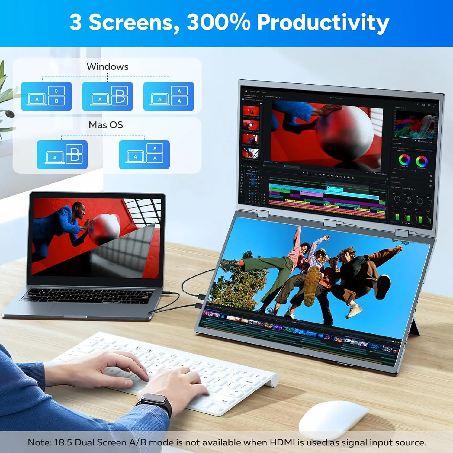 UPERFECT 18.5”100HZ 100% sRGB Delta 휴대용 듀얼 터치스크린 모니터 FHD HDR 360° 회전 접이식 USB-C 트리플 스크린 노트북 디스플레이 익스텐더 스탠드 및 VESA 포함P