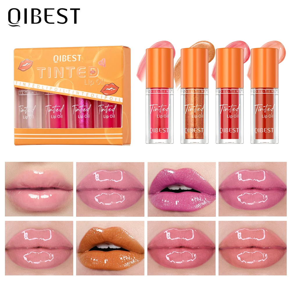 

QIBEST 4 Colors Moisturizing Lip Gloss Tint Sets Crystal Jelly Mirror Lip Glaze Long Lasting Lip Stain Makeup Lip Oil Plumping