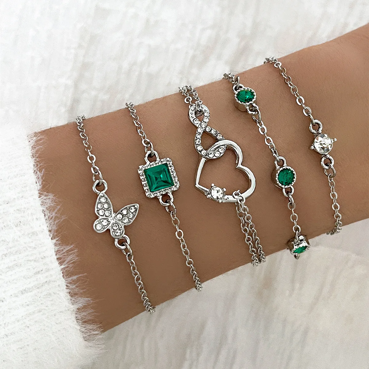5Pcs Fashion Green Crystal Bracelet Set For Women Butterfly Heart Charm Gold Silver Color Chain Bangle Female Trendy Jewelry - Image 4