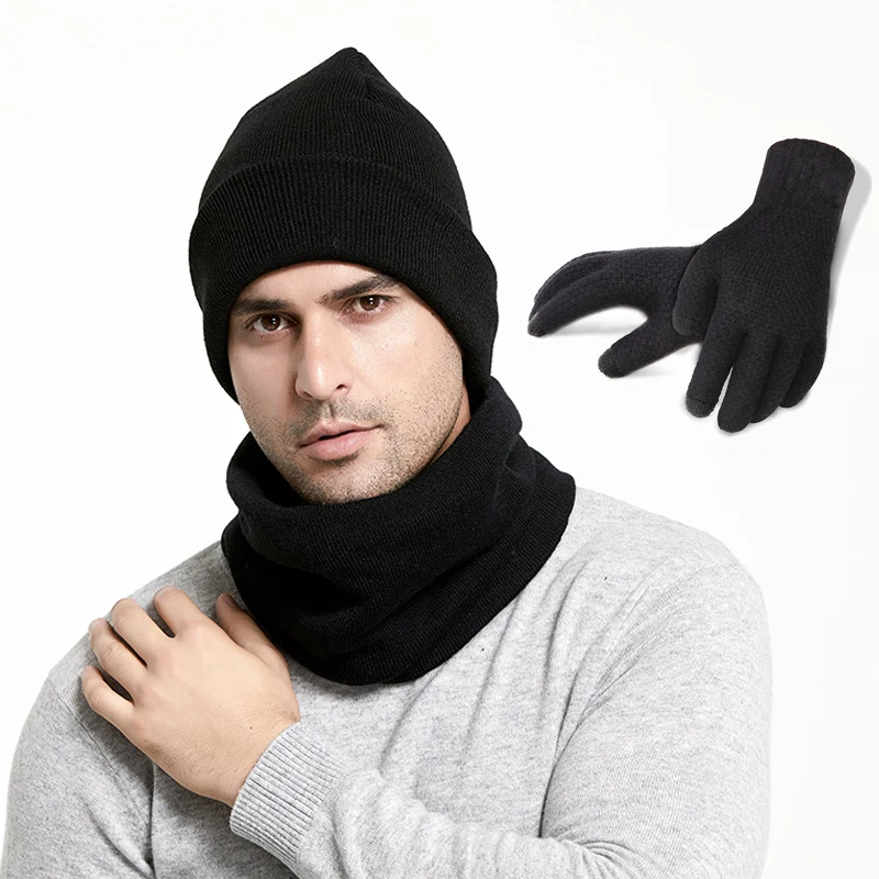 Winter Men Hats Scarves Gloves Set Fashion Knitted Plus Velvet Hat Scarf Set Kit Male 3 Pieces/Set Beanies Scarf Glove