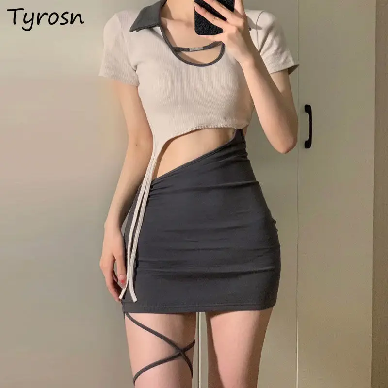 

Mini Dresses Women Sheath Sexy Fake Two Pieces Personality Hot Girls Korean Style Trendy Asymmetrical Summer Vestidos Streetwear