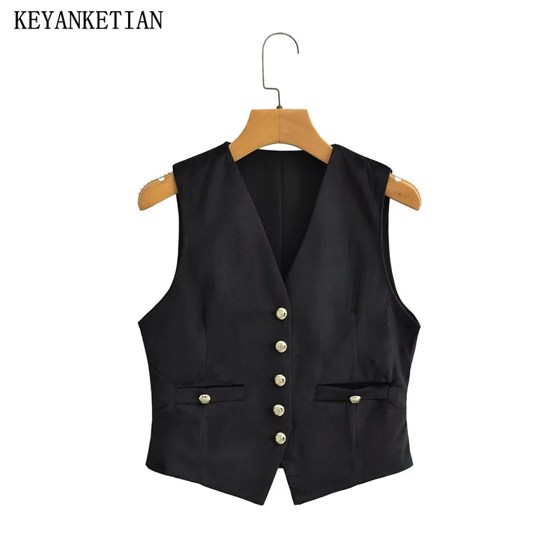 

KEYANKETIAN 2024 New Launch Women's Velvet Waistcoat Retro style Gold button Decoration Pockets V-Neck Sleeveless Crop Vest Top