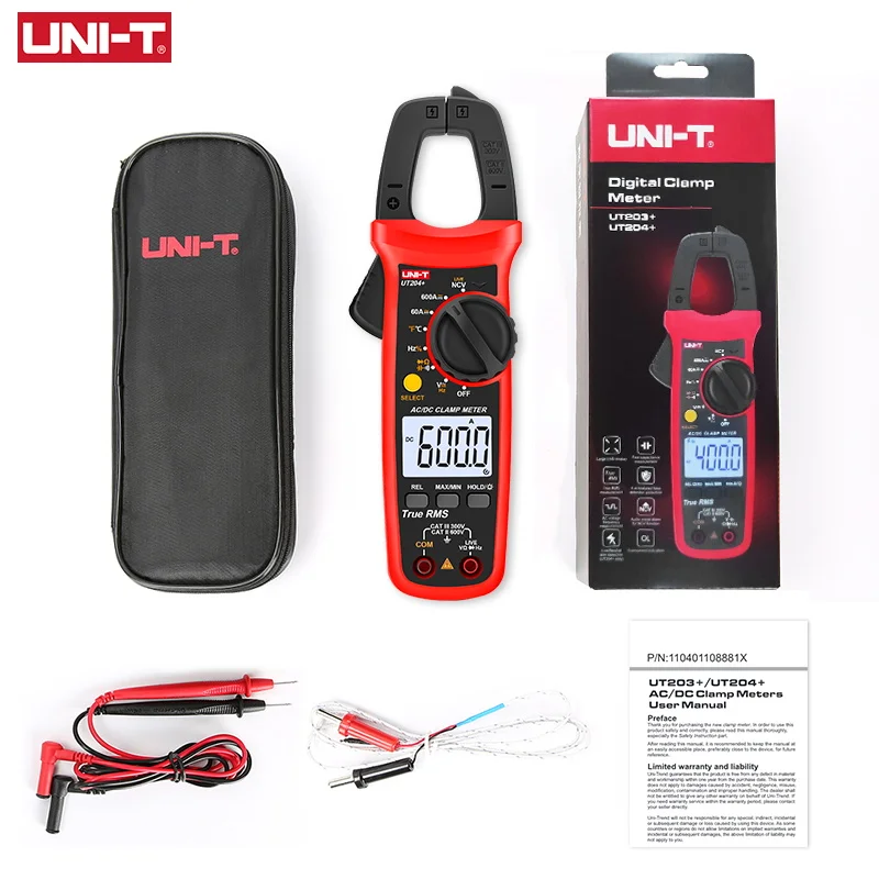 UNI T AC 전류 클램프 미터 UT204 + UT202A + 600A, 전문 디지털 전류계 플라이어 트루 RMS 전기 테스터 NCV 자동 범위