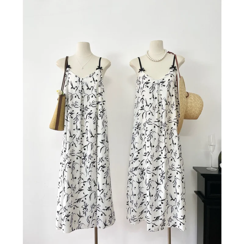 

Art Student Black Print Long Skirt Summer Cool Camisole A-line Suspender Skirt Sleeveless Elegant Ball Dress