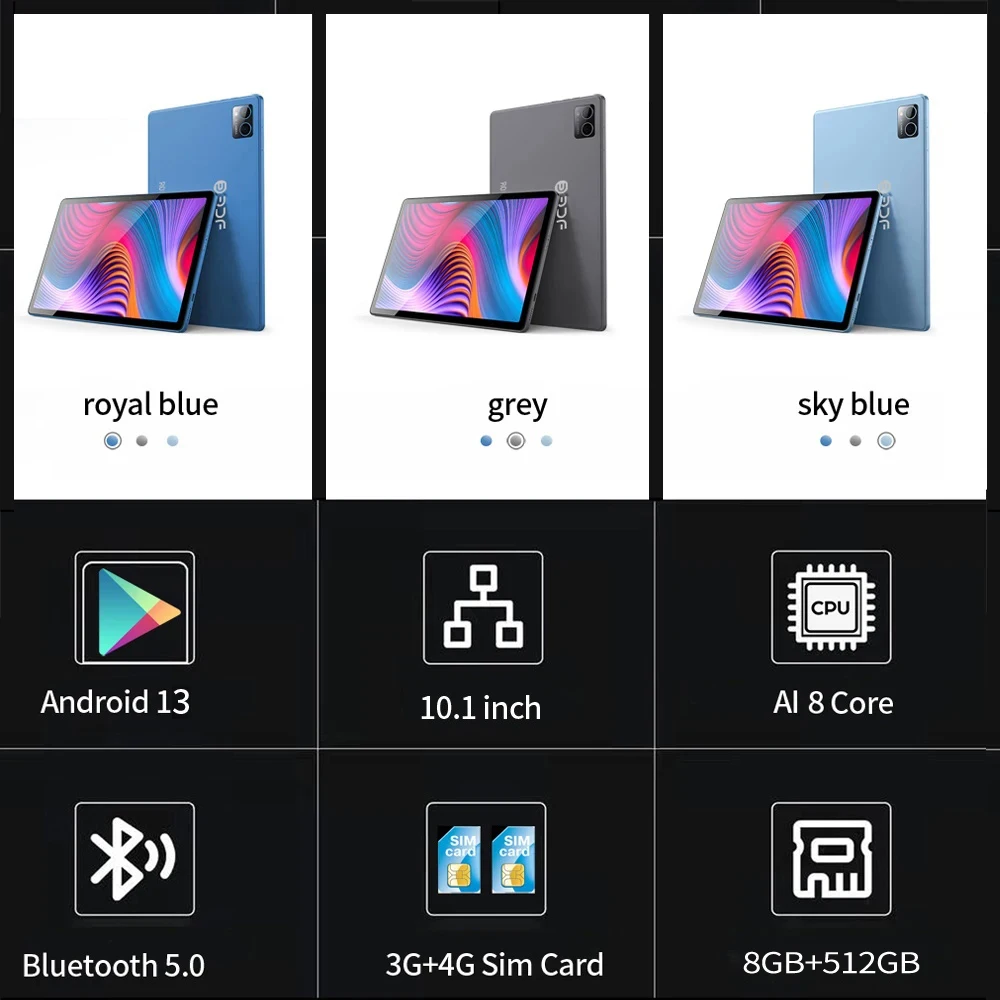 오리지널 BDF 글로벌 버전 태블릿 안드로이드 13, 10.1인치 8GB 램 512GB 롬 태블릿 PC 3G 4G LTE 듀얼 SIM 카드 2.4G/5G 와이파이 지원