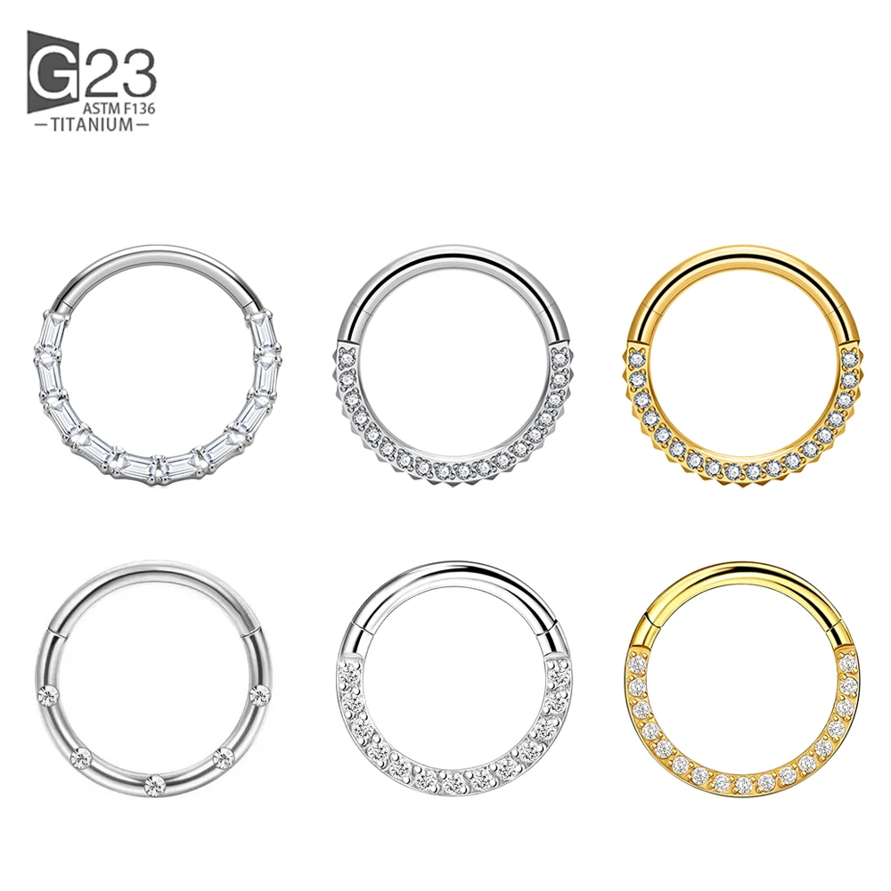 G23 Titanium 16G Hinged Segment Nose Ring CZ Septum Clicker Daith Earrings Hoop Ear Cartilage Tragus Helix Piercing Jewelry nose rings piercing jewelry body piercing earrings ear piercing jewelry hoop earrings body piercing jewelry body jewelry