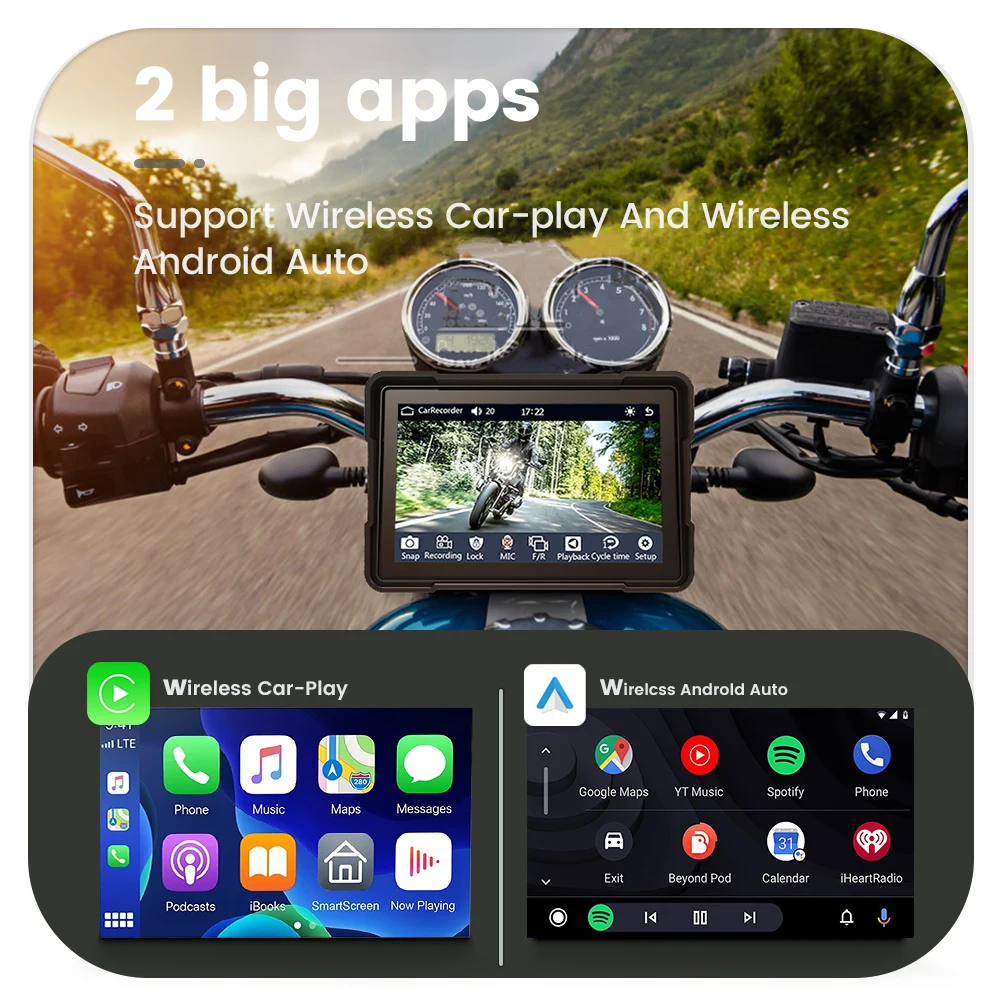 NaviFly 5 Inch Motorcycle Waterproof Wireless Android Auto Carplay Portable Monitor Link Navigation Dual DVR
