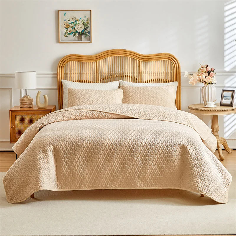 3pcs set Printed Bedspread Solid Color Ultrasonic Quilted Bedsheet Soft Breathable Blanket 1pc bedspread+2pcs pillowcase