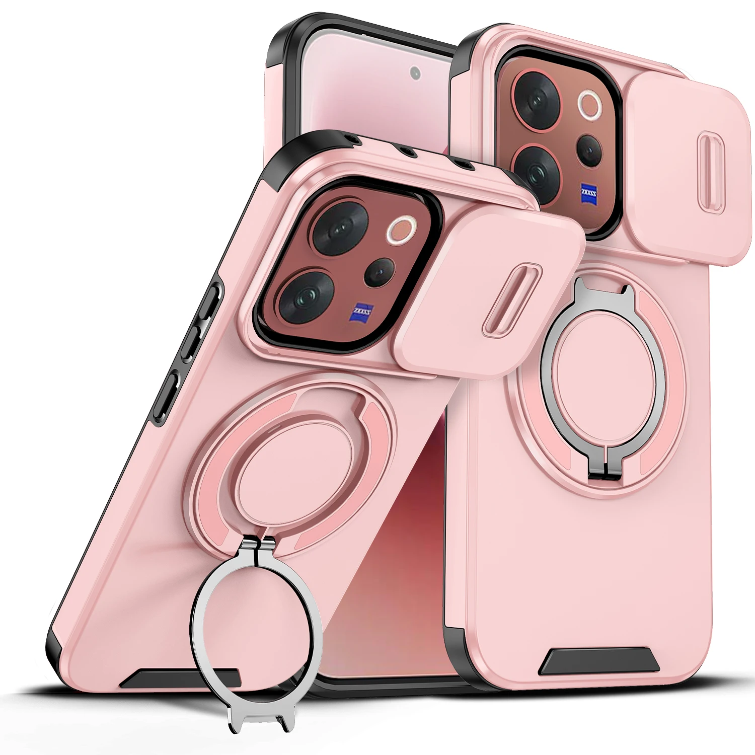 Vivo V70 Enhanced Armor Case with Slide Camera Lens Protector and Magnetic Ring Holder