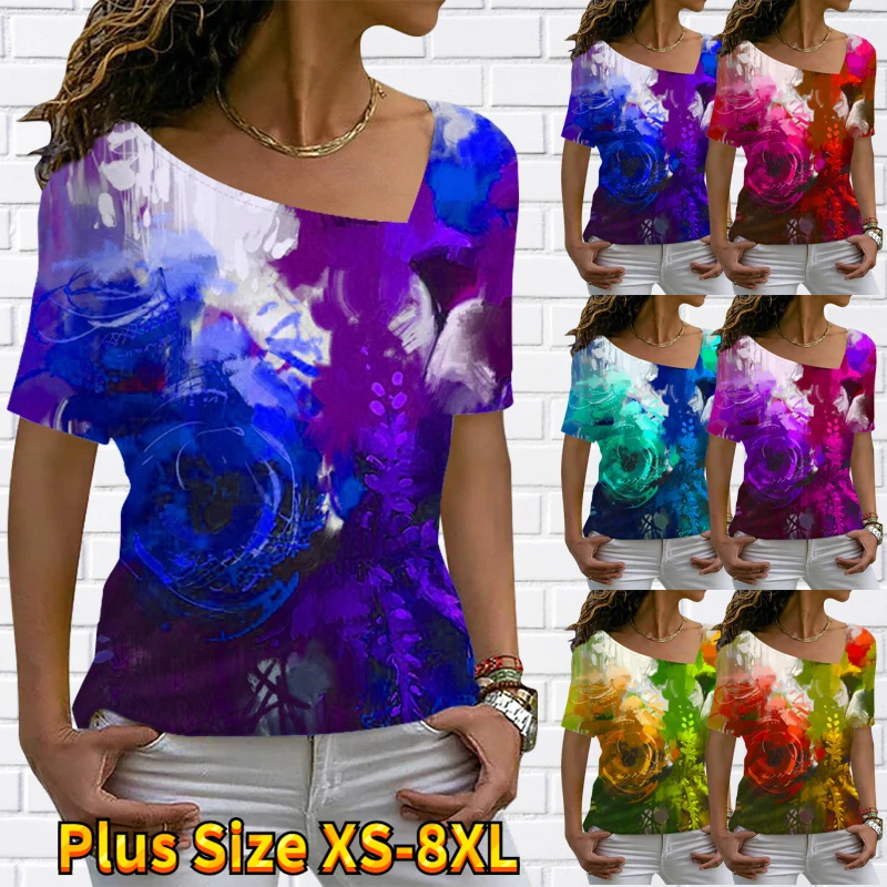 

2023 New Everyday V-Neck T-shirt Sumemr Fashion Loose Size Short Sleeve 3D Printing Tops Tee Shirt Women's Oversized Pullover