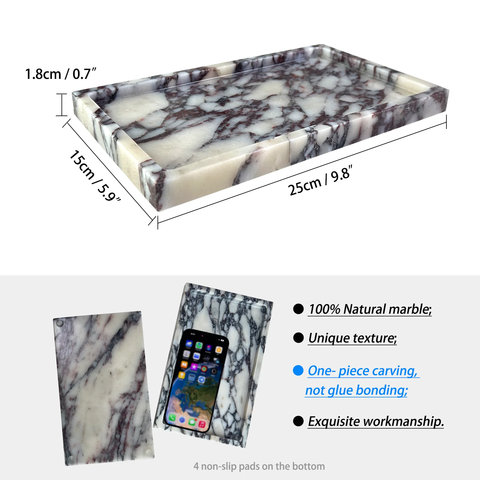 Natural Marble Vanity Tray 10"x6", Genuine Calacatta Viola Marble Stone Tray for Bathroom/Kitchen/Dresser 3