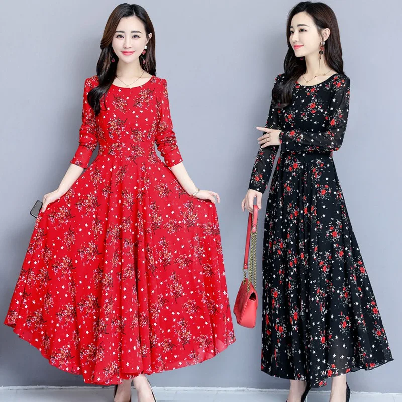 

Women's Dress Spring and Autumn New 2023 Korean Style Temperament Printed Large Swing Dress Long Sleeve round Neck Loose Waist