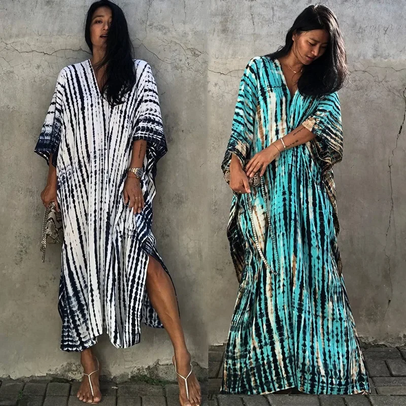 

Summer Women's Striped Swoosh Long Skirt Beach Cover-up Robe Bikini Swimsuit Outer Cover Sunscreen Shirt Loose Casual Dress