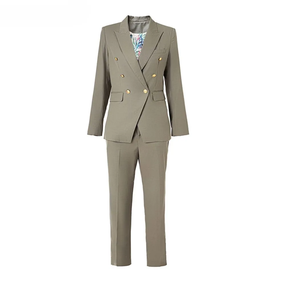 

Office Lady Workwear Slim 2PCs Blazer Suits Morandi Color Printing Lining Pencil Pants Two Pieces Sets High Quality