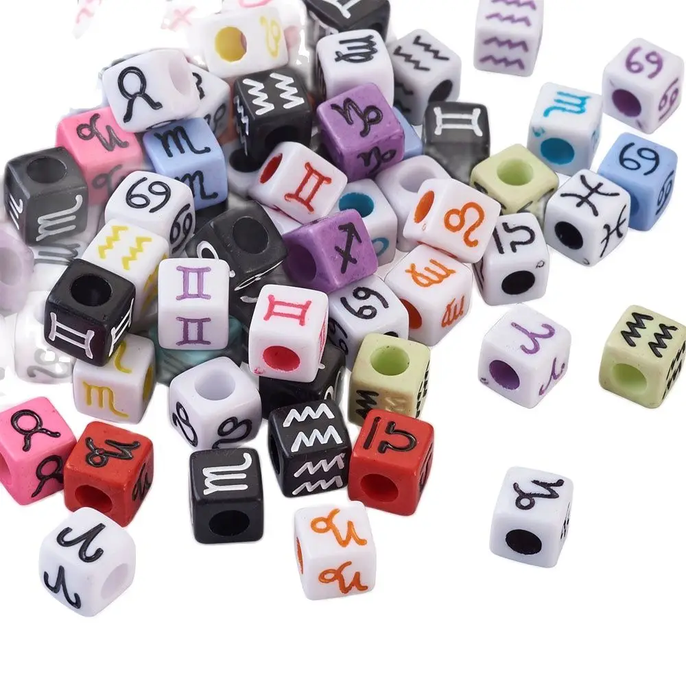 

480pcs 7mm Mixed Color 12 Constellation Zodiac Sign Opaque Acrylic Beads Large Hole Cube Beads For Jewelry Making DIY Accessorie