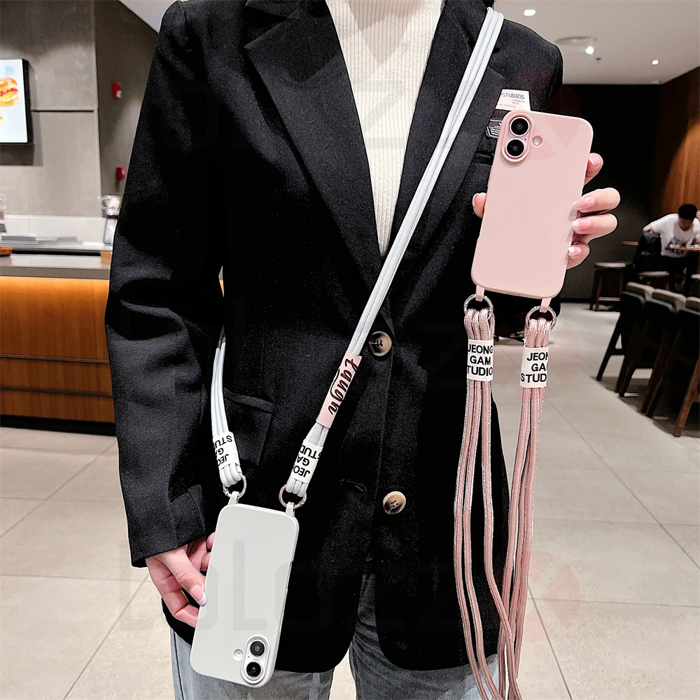 Crossbody Necklace Strap Cord Matte Soft Phone Case For iPhone 16 15 Pro Max 14 Plus 13 12 11 Liquid Silicone Shockproof Cover_voghion.com