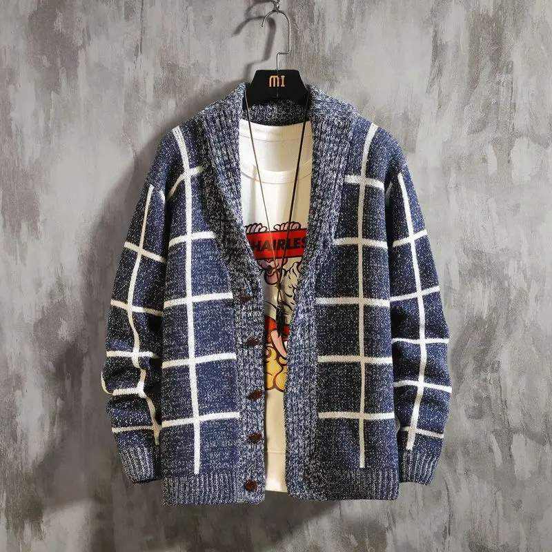 2023 Spring Autumn New Turn-down Collar Plaid Printing Long Sleeve Knitting Cardigan Man Casual Loose Button All-match Outwear