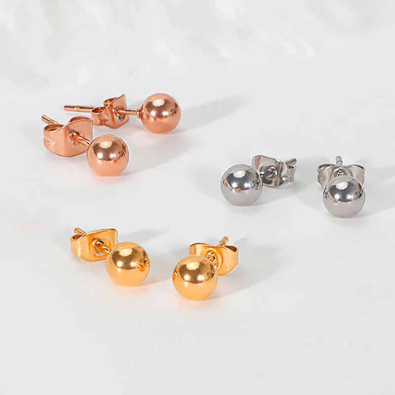 Stainless Steel Round Ball Earrings Rose Gold Silver Color Bead Ear Studs Women Geometric Jewelry Minimalist 3mm 4mm 5mm 6mm 2