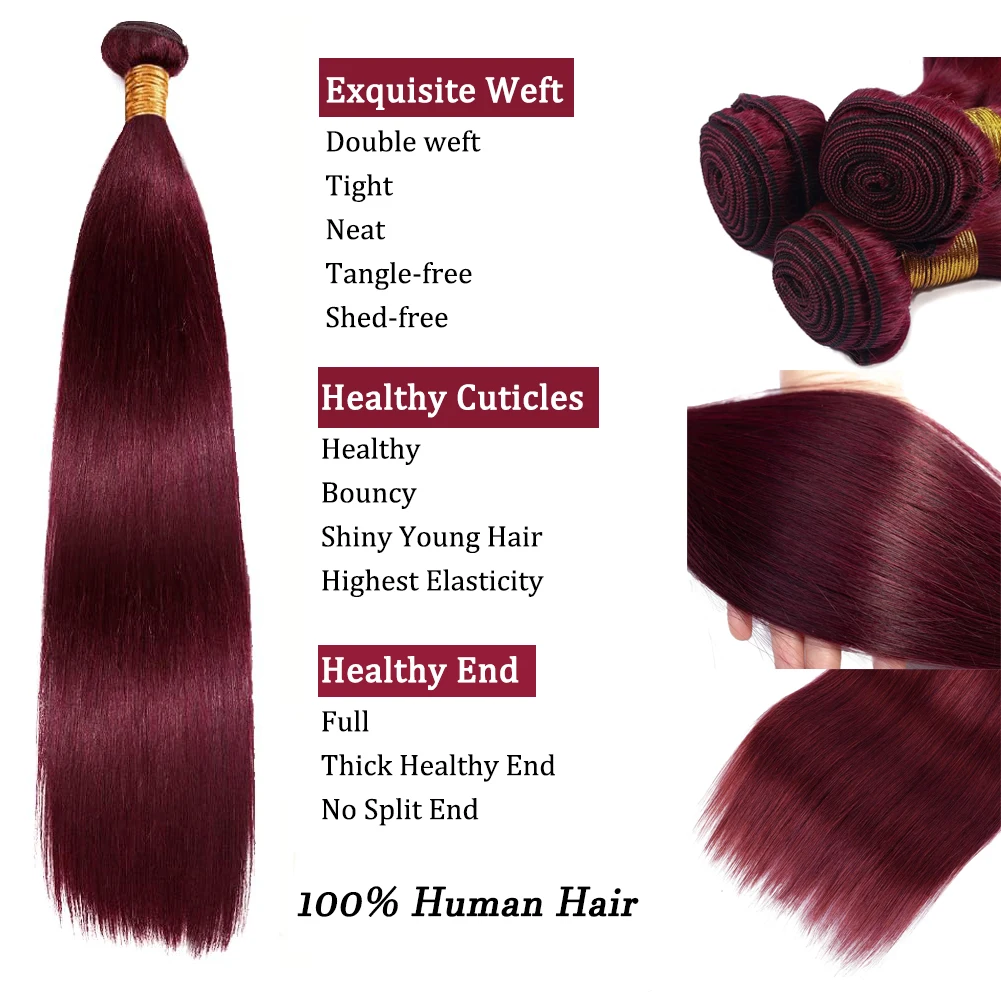 99J Burgundy Straight Human Hair Bundles and Closure Brazilian Remy Bundles With 4x4 Lace Closure 100% Human Hair Extensions 2