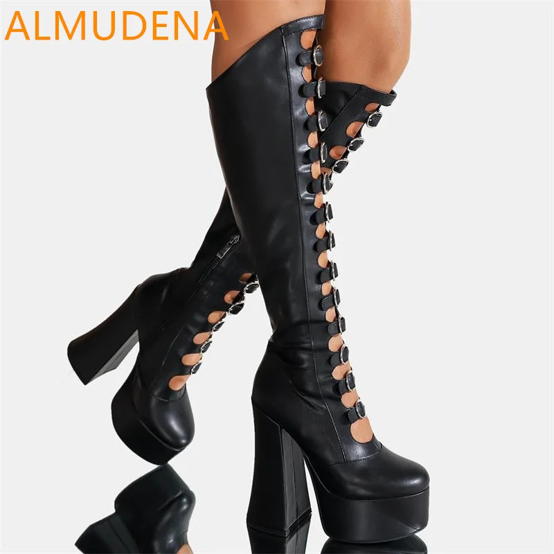 

Punk Knee High Women Boots Hollow Belt Buckle Side Zip Modern Fashion Shoes Square Thick Heels Platform Super High Heels Shoes