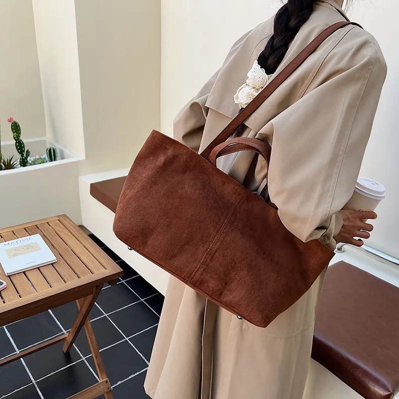 Faux Suede Versatile Handbag Solid Color Retro Tote Bag Large Capacity Vintage Shoulder Bag Work Commute Shopping Party Bag