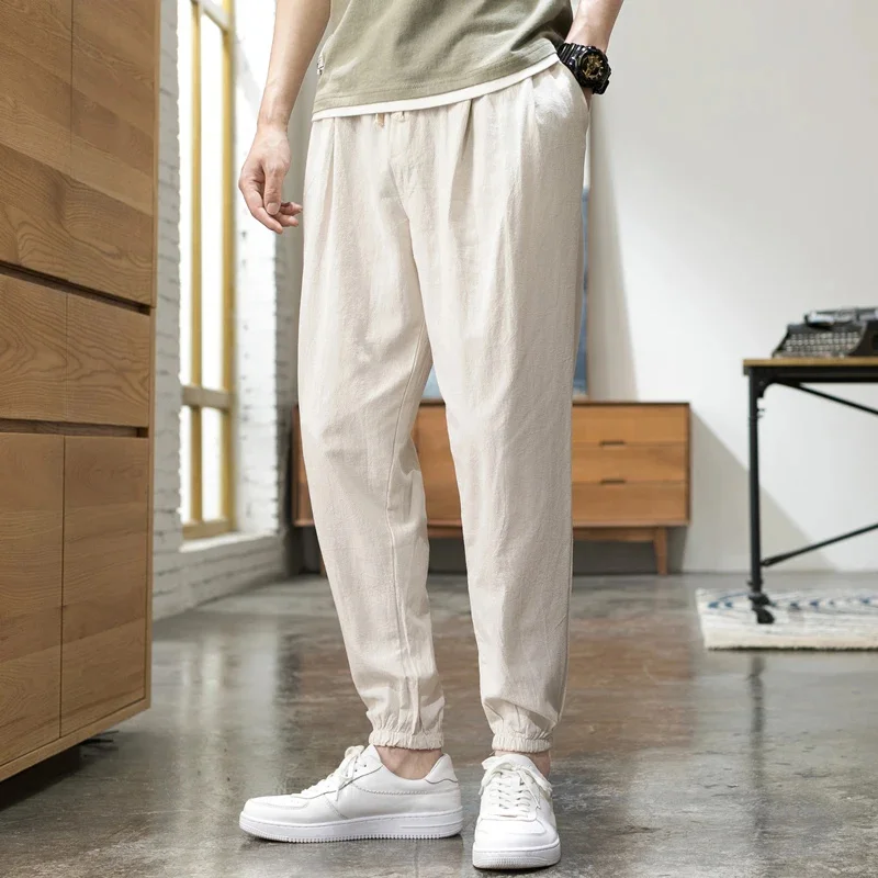 

New Men'S Casual Pants Summer Loose Solid Color Korean Version Of The Comfortable Nine-Point Waistband Linen Harem