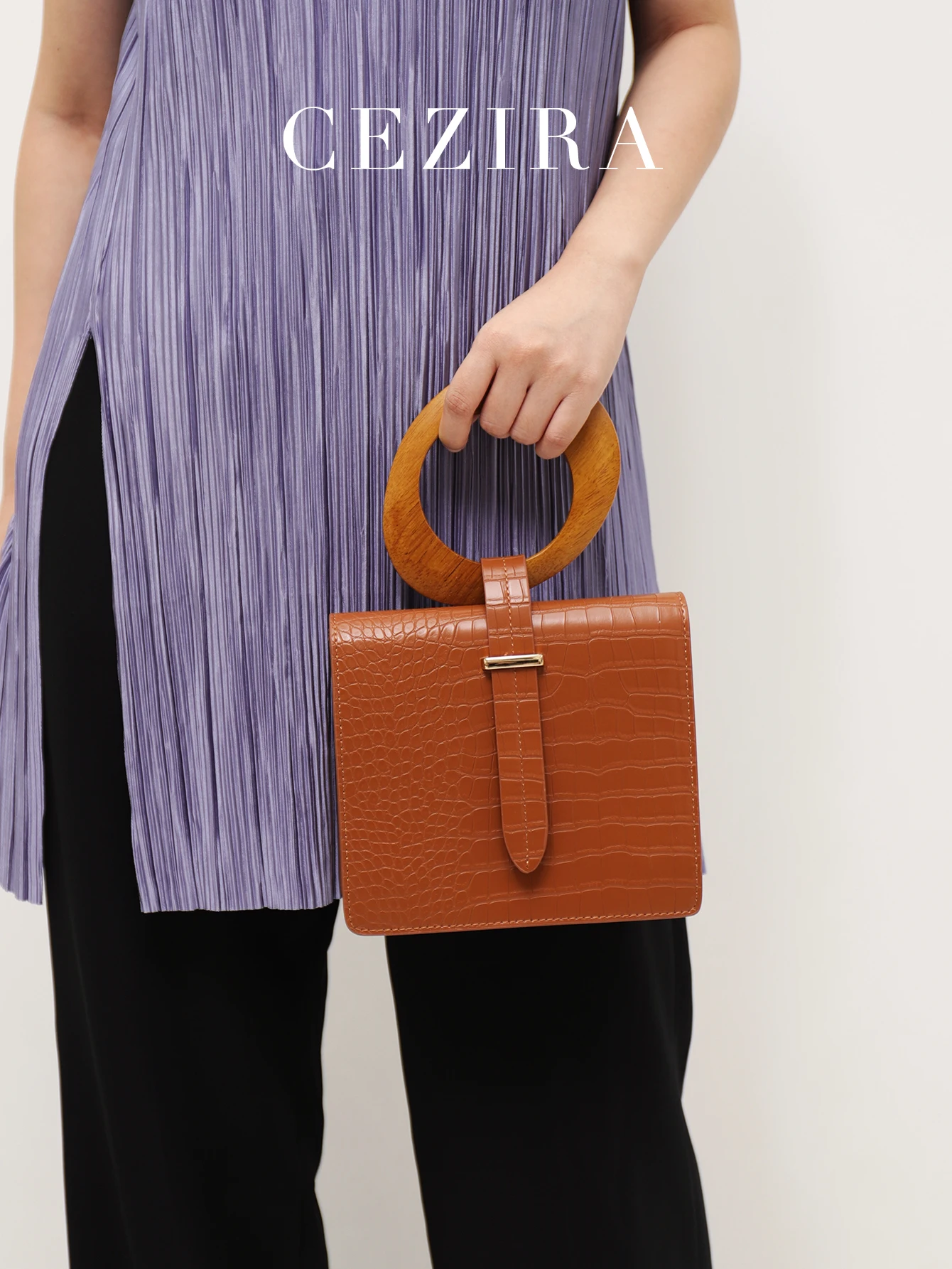 CEZIRA Top-handle Square Purses Women Fashion Wooden Handle Bags