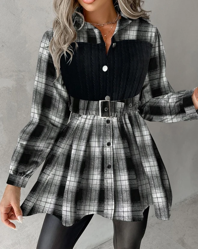 Women's Shirt 2023 Spring Fashion Plaid Print Patchwork Casual Turn-Down Collar Long Sleeve Daily Single Breasted Daily Shirt
