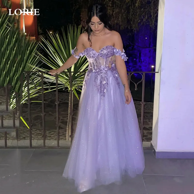 

LORIE lavender 3D Flowers Prom Dresses A Line Off The Shouder Beads Bride Gown Party Corset Back Formal Evening Gowns 2024