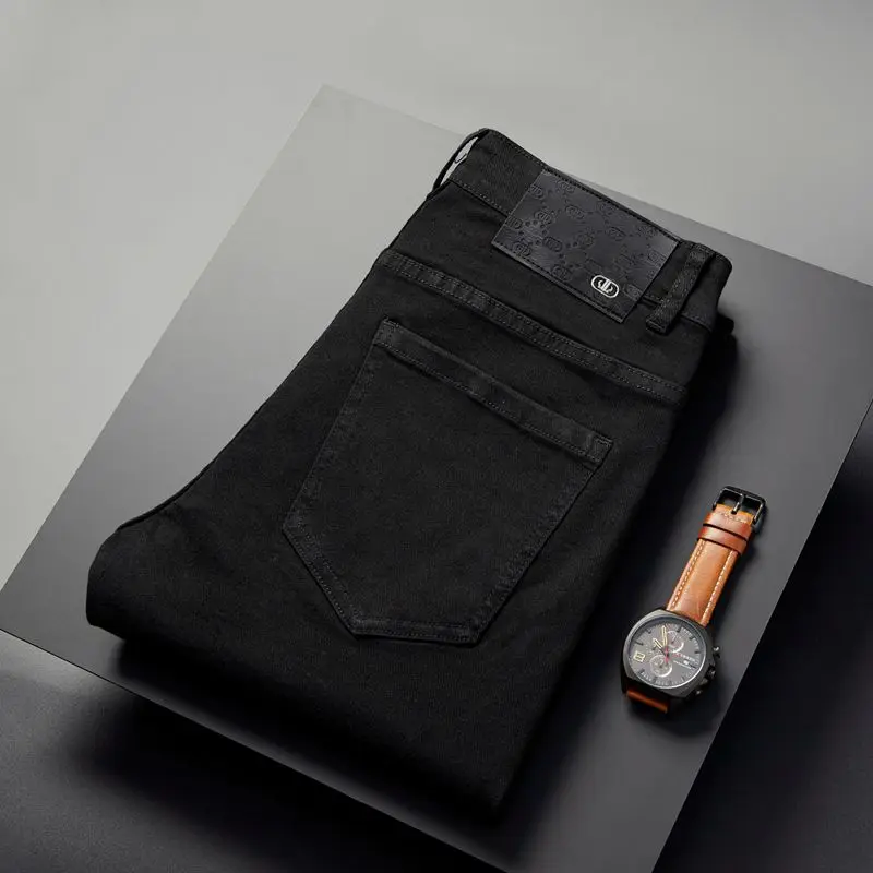 Simple Classic pure black jeans men's elastic soft slim-fitting small straight fashionable all-match office business casual pant 3