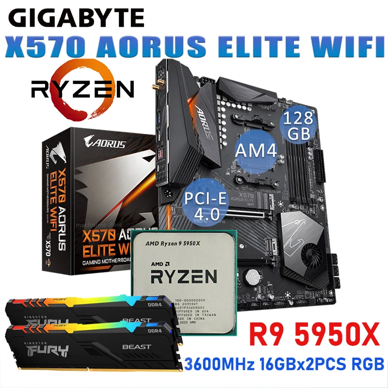 

GIGABYTE X570 AORUS Elite Wi-Fi AM4 системная плата AMD RYZEN 9 5950X процессор Kingston 3600 МГц 16 Гб x 2 шт. RGB ПАМЯТЬ Combo