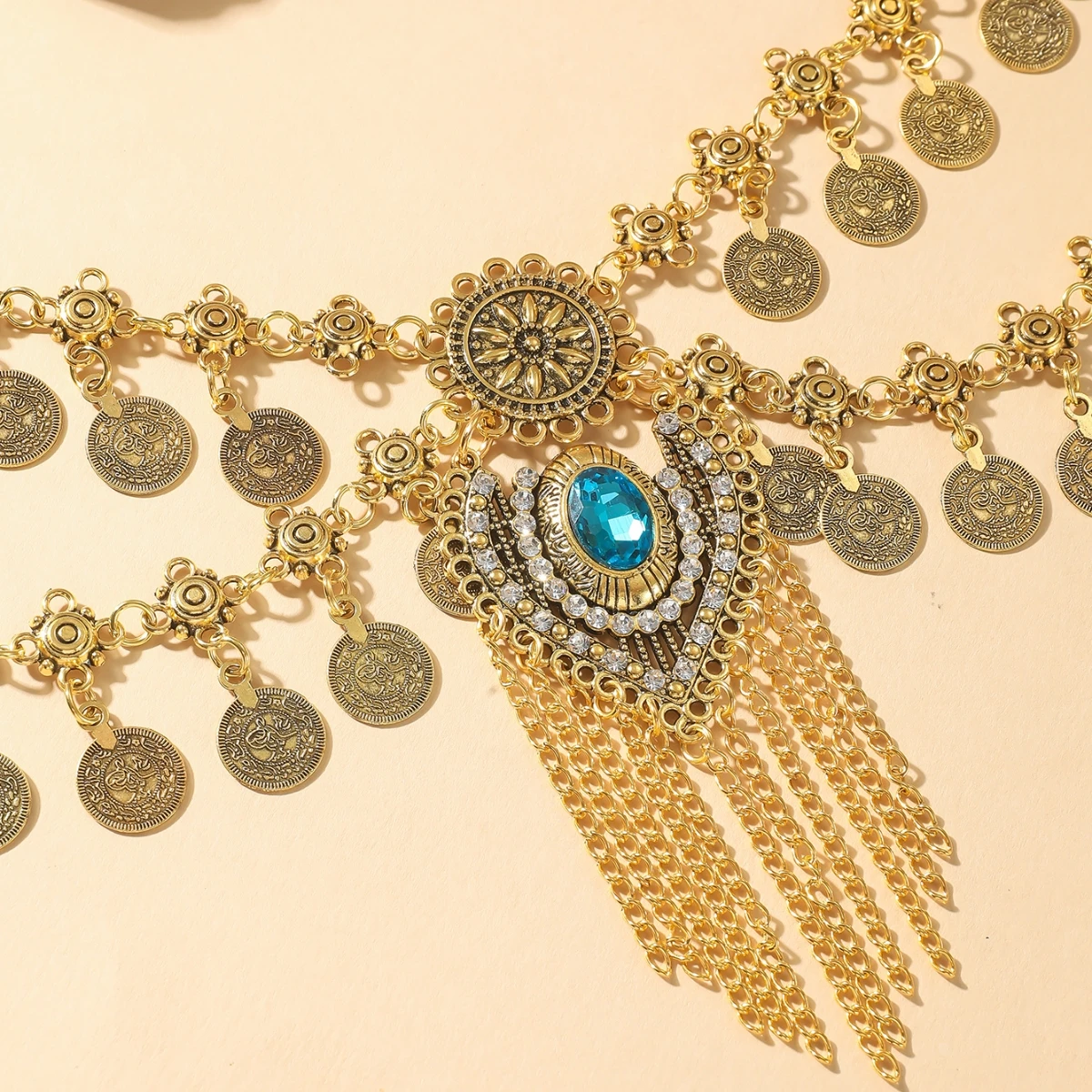 Exaggerated Retro Blue Rhinestone Tassel Metal Waist Chain for Women Luxury Double Layered Craved Coin Belt Chains Body Jewelry