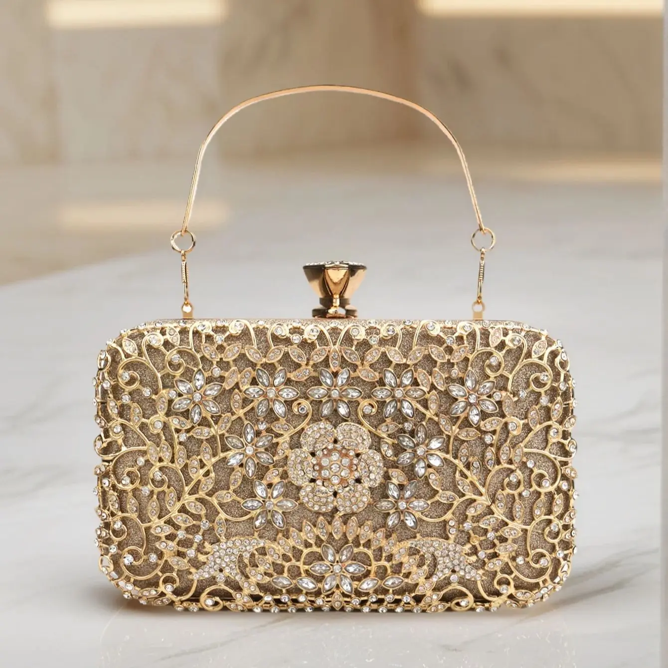 Golden Metal Rhinestones Clutch Evening Bag for Women