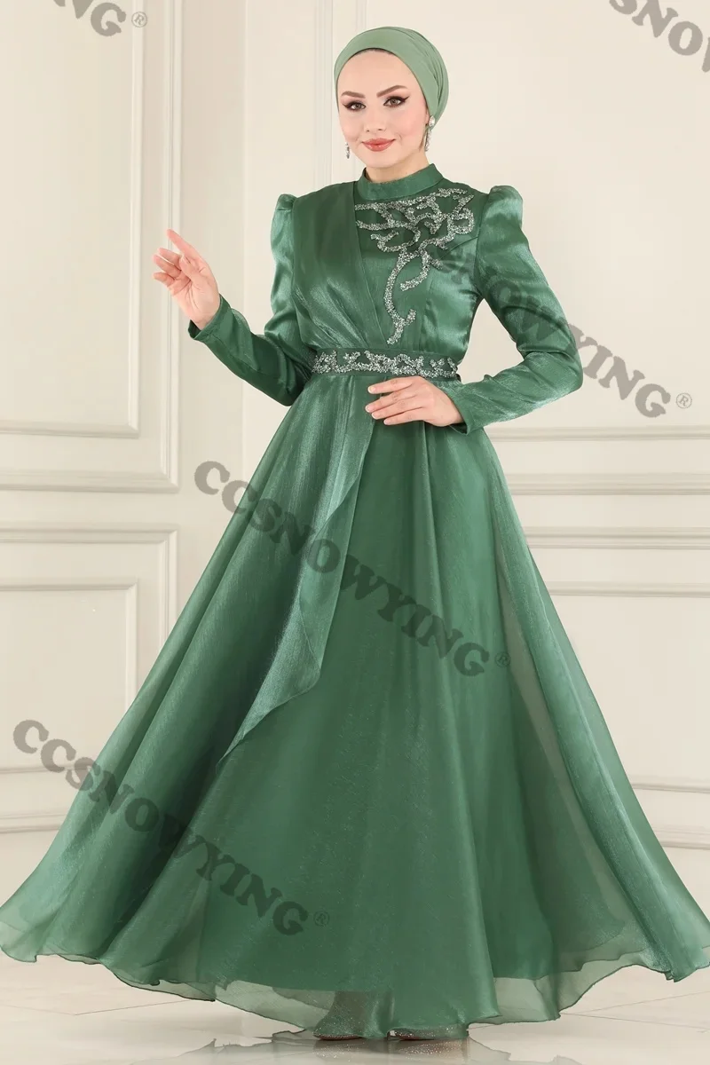 

Appliqus Beaded Muslim Evening Dresses Organza Long Sleeve Hijab Islamic Formal Party Gowns Arabic Dubai Women Robes De Soirée
