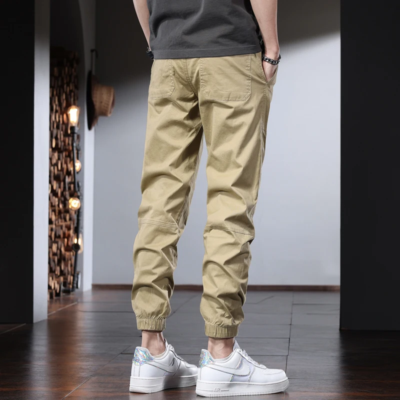 Summer Khaki Casual Pants Men Korean Style Cotton Slim Fit Elastic Waist Drawstring Joggers Trousers