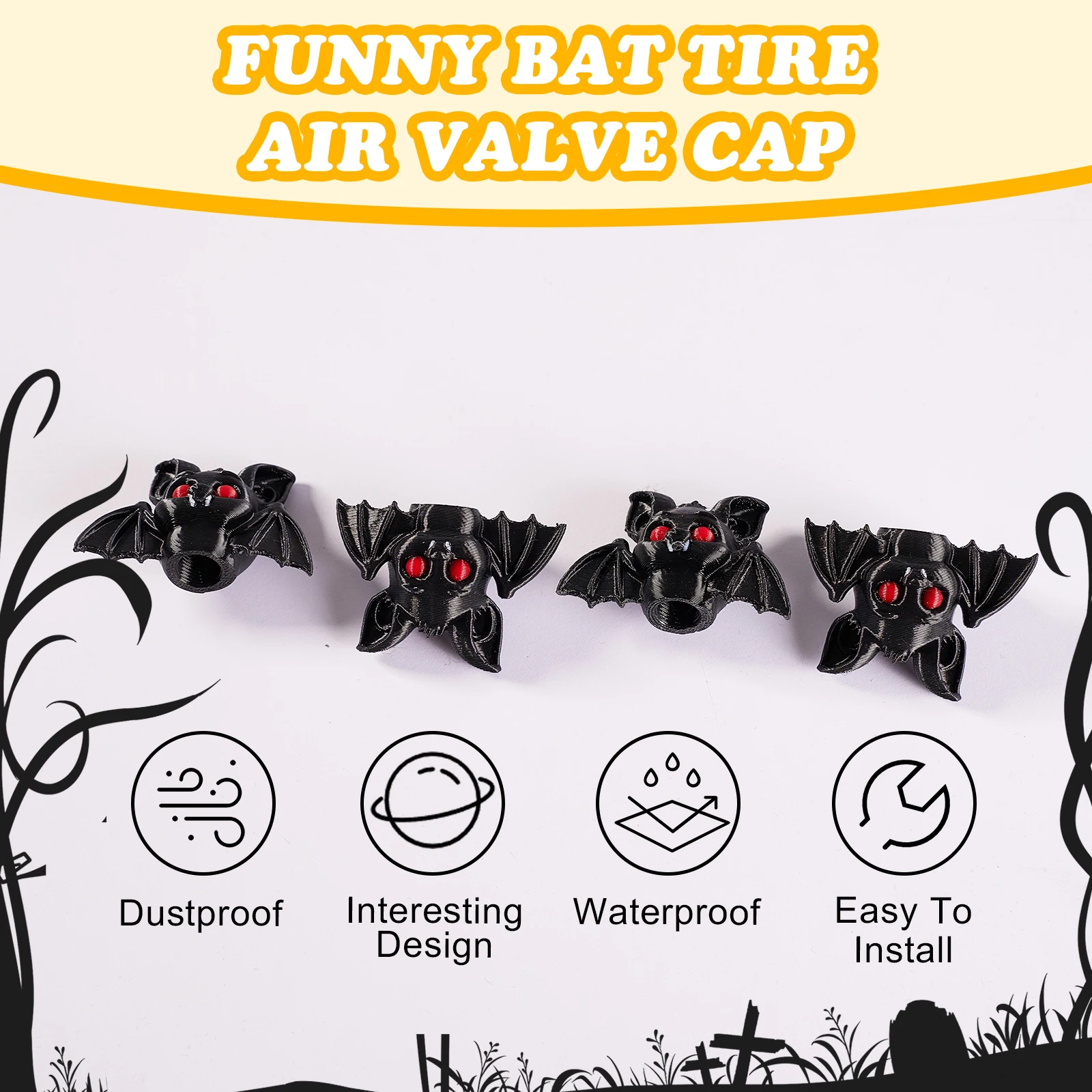 Set of 4 Novelty Bat-Themed Tire Valve Caps, Decorative Wheel Accessories