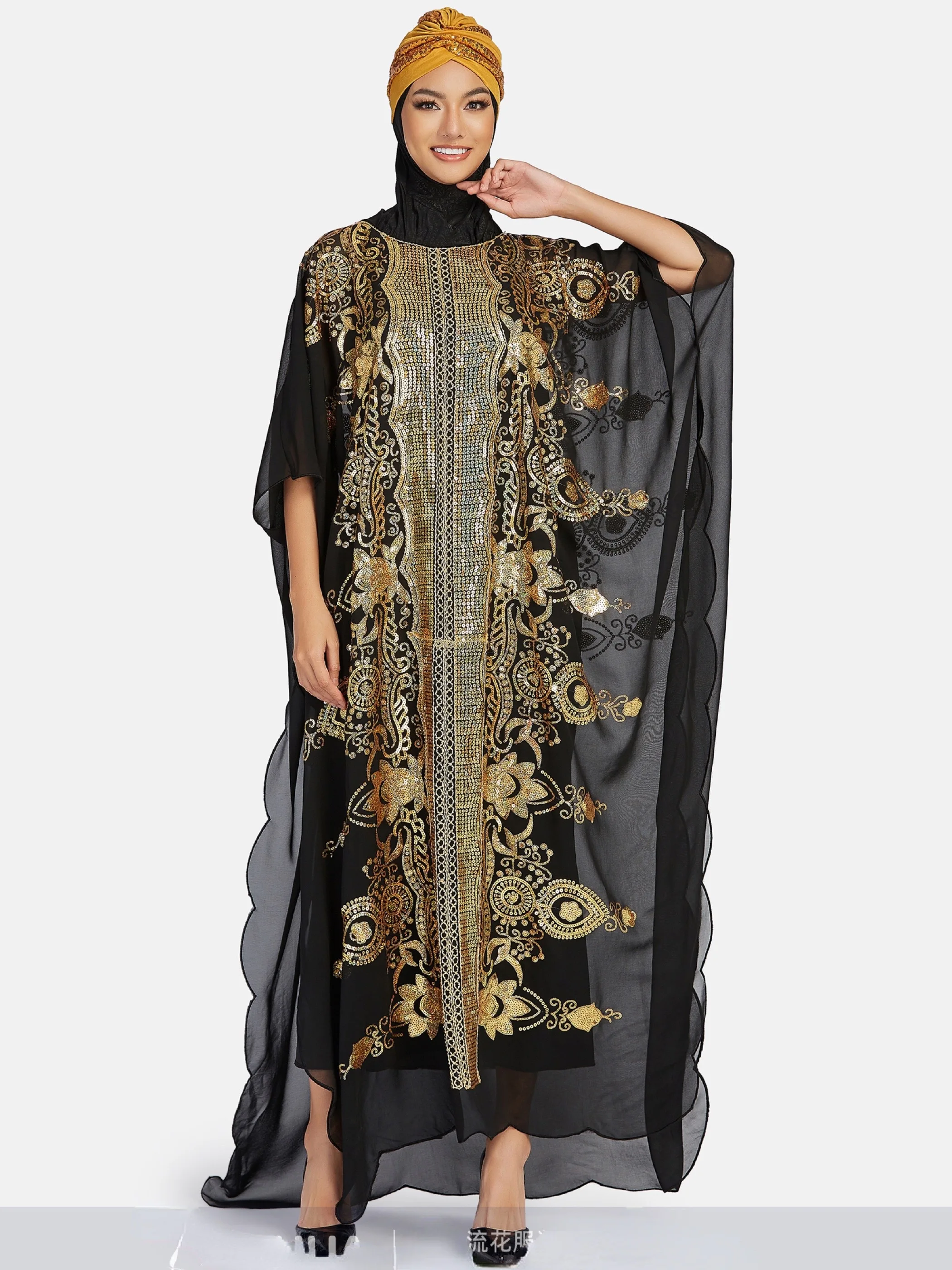 2023 New African Abaya Middle East Loose Large Size Chiffon Elegant Temperament Sequined Spring Traditional Ethnic Style Dress 3