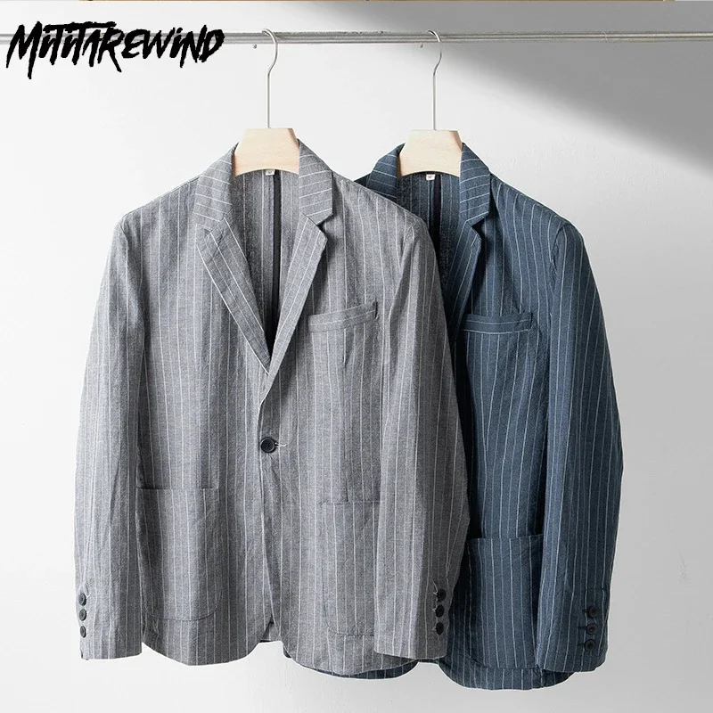 

Костюм мужской полосатый в стиле ретро, брендовый пиджак из хлопка и льна на одной пуговице, дышащая куртка, лето