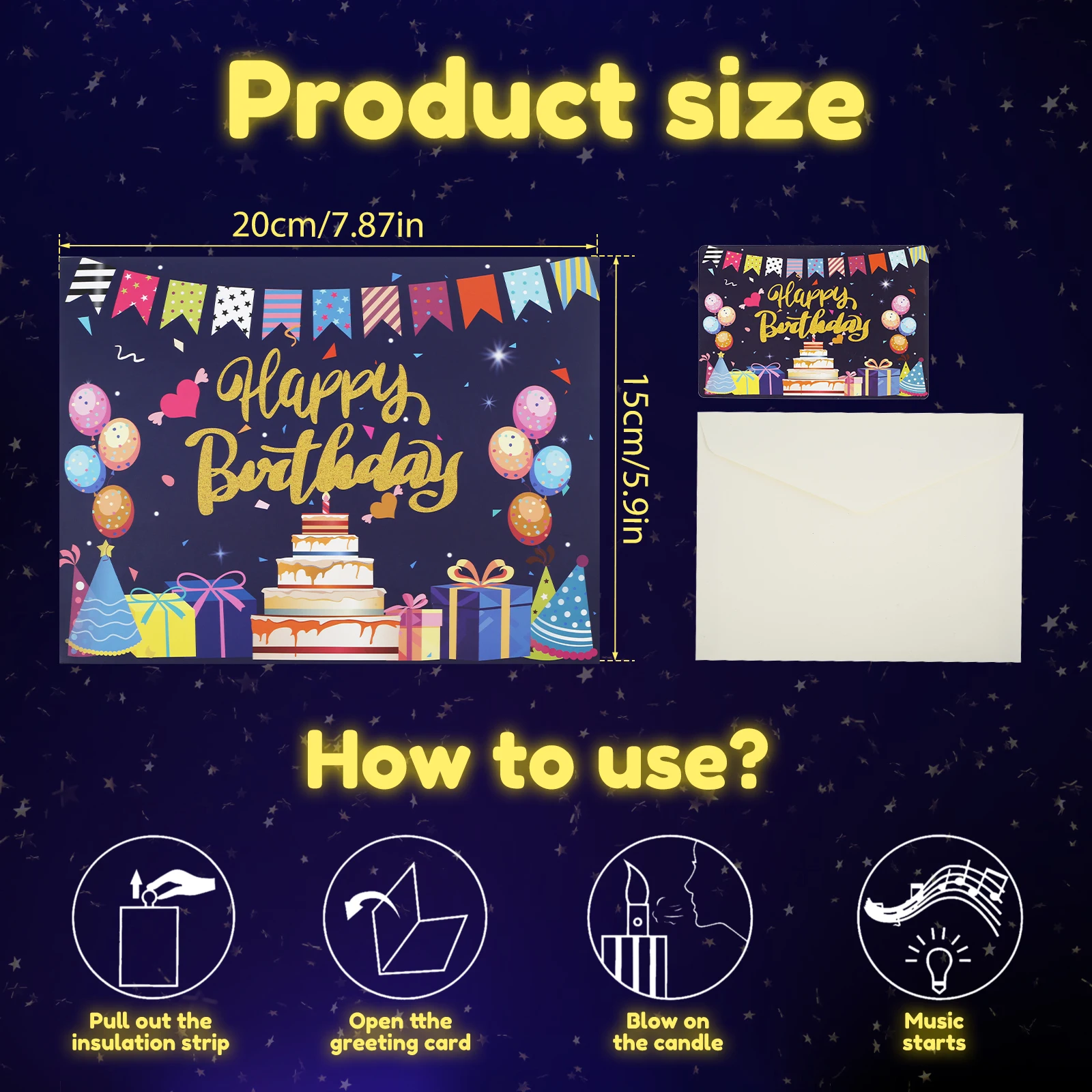 3D Light Music Birthday Card Pop Up Cake Creative Greeting Card Firework Cards Happy Birthday Party Girl Wife Gift Message Cards