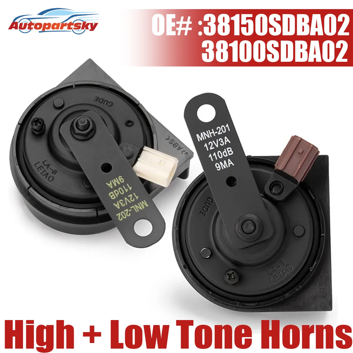 2PCS High + Low Tone Horns 12V 3A 108dB For Honda Accord Acura TSX RL 38150SDBA02 38100SDBA02 38150-SDB-A02 38100-SDB-A02