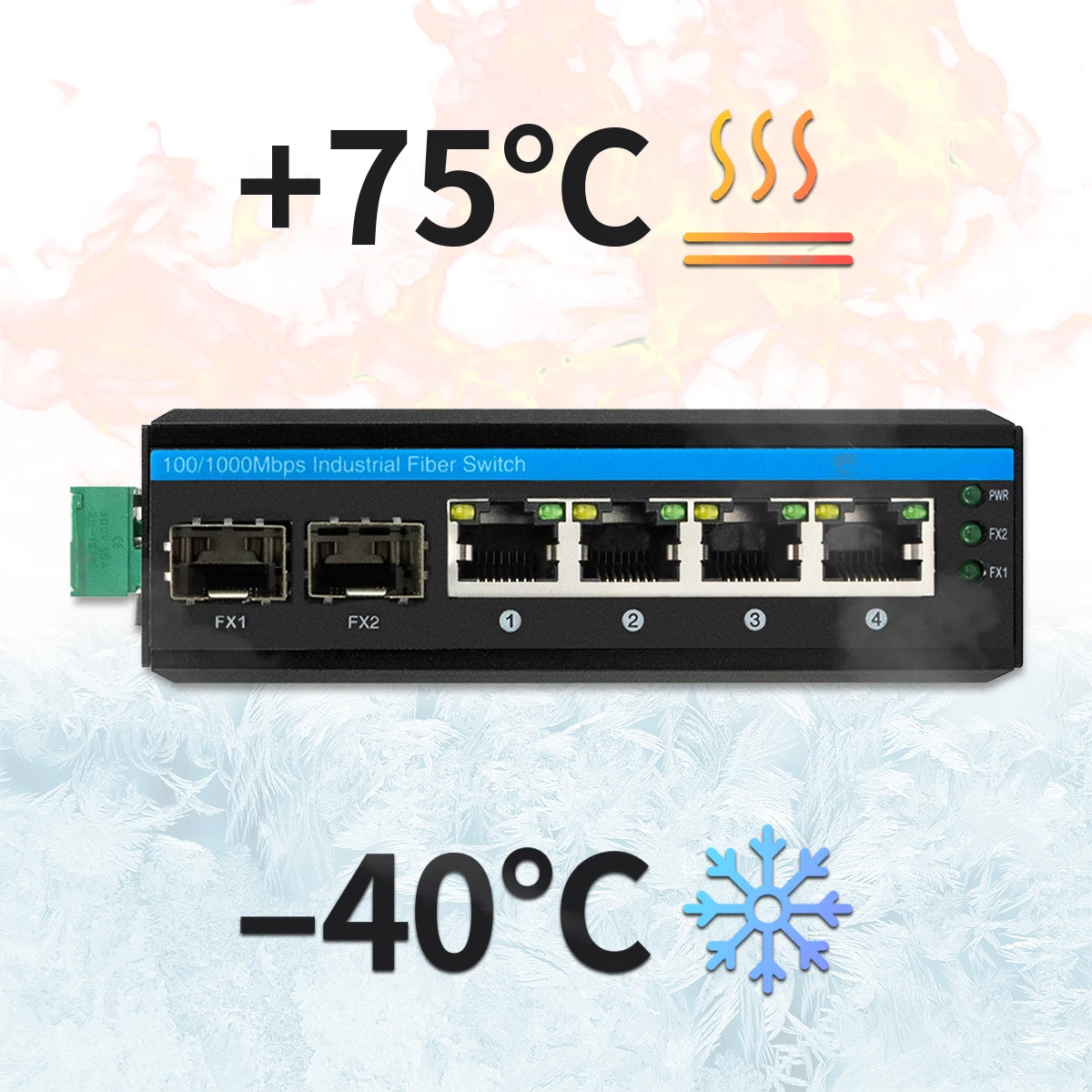 6-Port Hardened Industrial Gigabit PoE+ DIN-Rail Fiber Network Switch 4 x Gigabit PoE+ Ports 2 x 1.25G SFP Fiber Ports 120W for