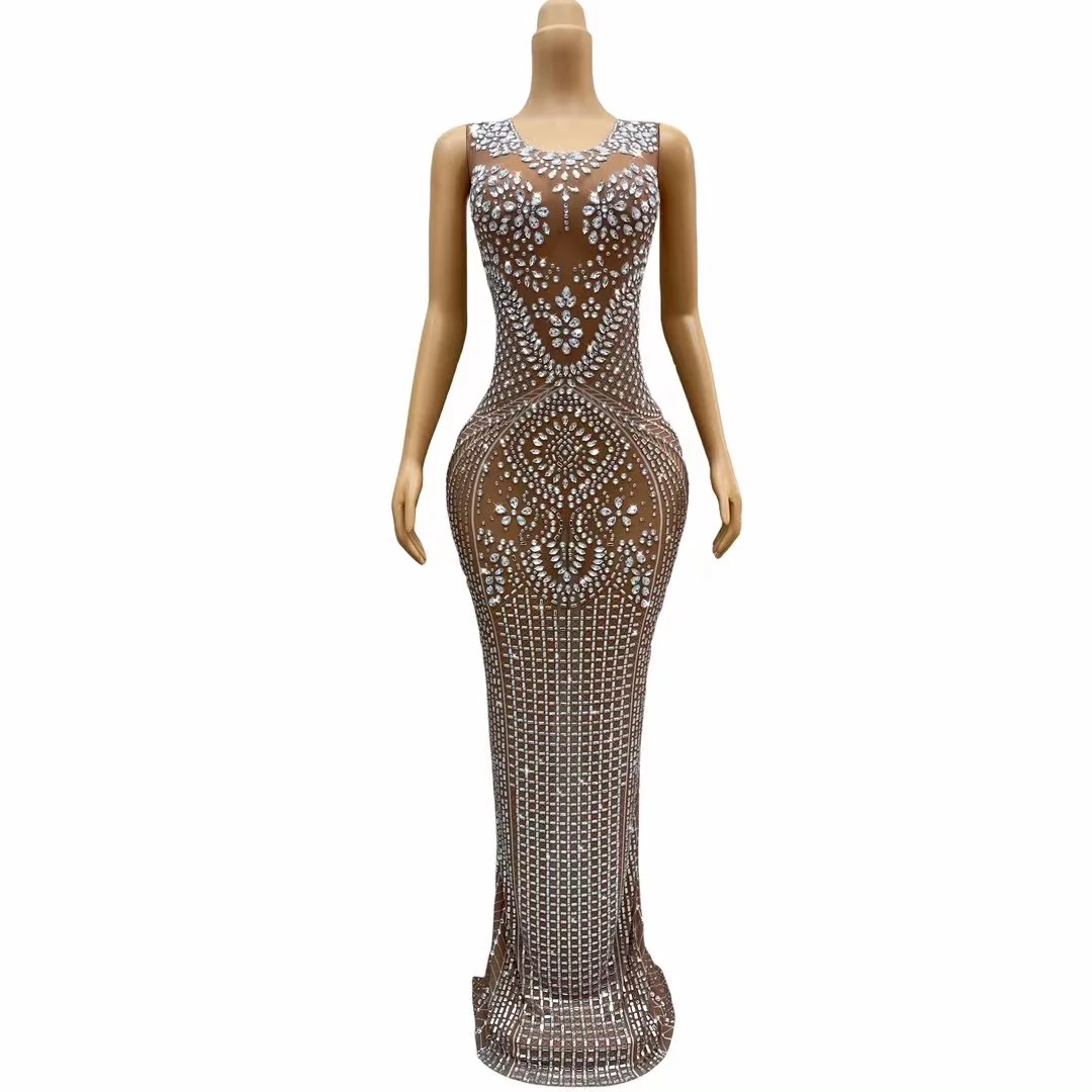 

Luxury Silver Shiny Rhinestones Dress Birthda\Celebrate Evening Party Floor Length CostumeSexy Performance Dresses C294