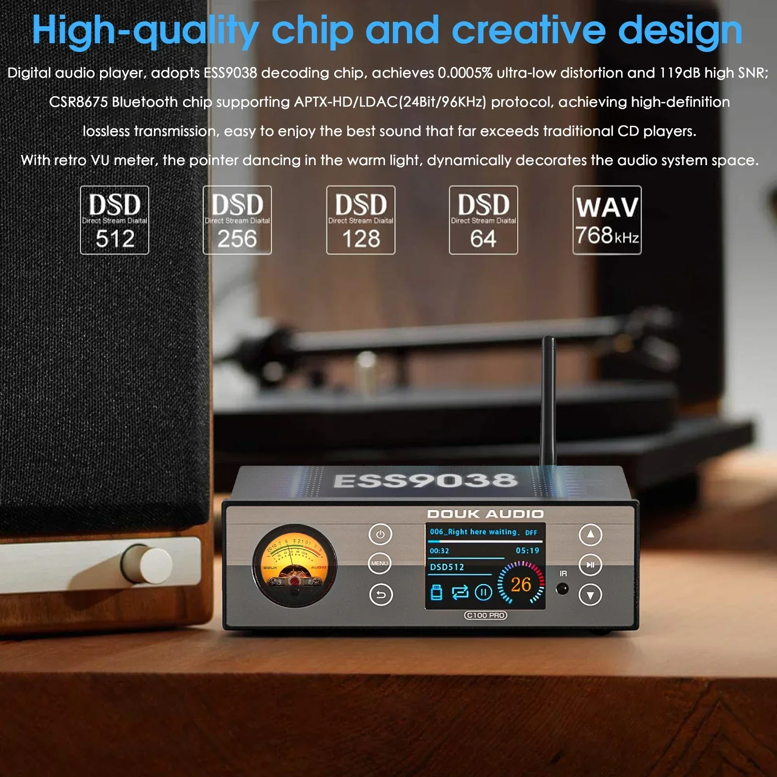 Douk Audio C100 PRO HiFi Bluetooth 5.0 디지털 ESS9038 프리 앰프 OLED 디스플레이 스 트리머 USB 플레이어 DSD512 (VU 미터 포함)