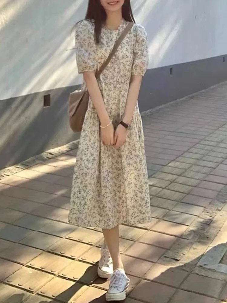 

Женское длинное платье с цветочным принтом, повседневное свободное прямое французское платье до середины икры с круглым вырезом и пышными рукавами, уличная одежда в стиле преппи, лето