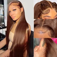 Perruques de cheveux humains super double drawn, lisses comme des baguettes, brun chocolat, avec dentelle frontale, pré-épilées, brun foncé, perruque frontale HD en dentelle pour femmes 3